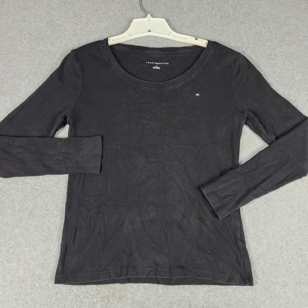 Tommy Hilfiger Shirt Womens Small Black Cotton Scoop Neck Long Sleeve Casual